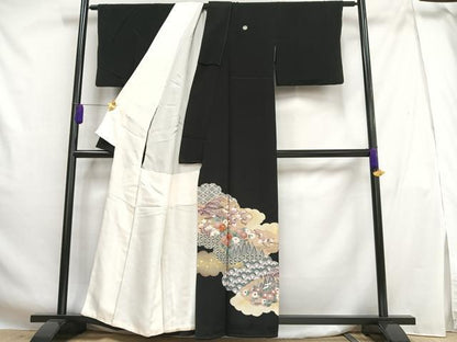 平和屋着物■豪華黒留袖　刺繍　風景草花文　松竹梅　金彩　正絹　逸品　AABG5124oa