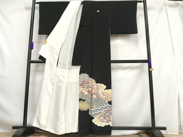 平和屋着物■豪華黒留袖　刺繍　風景草花文　松竹梅　金彩　正絹　逸品　AABG5124oa