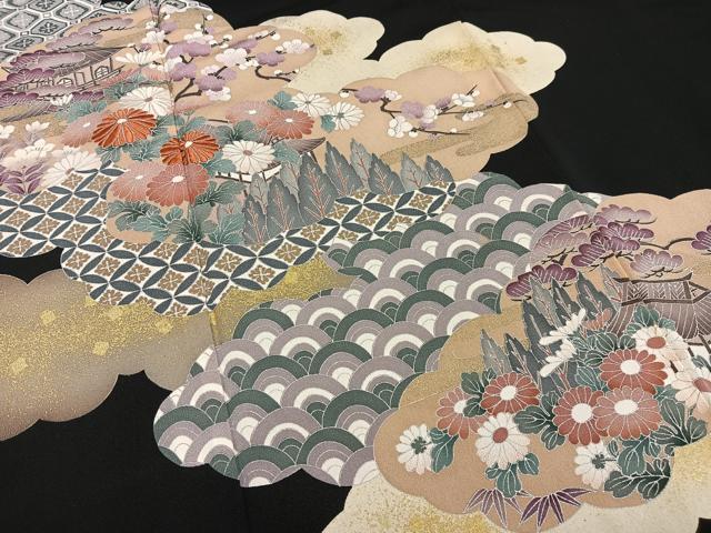 平和屋着物■豪華黒留袖　刺繍　風景草花文　松竹梅　金彩　正絹　逸品　AABG5124oa
