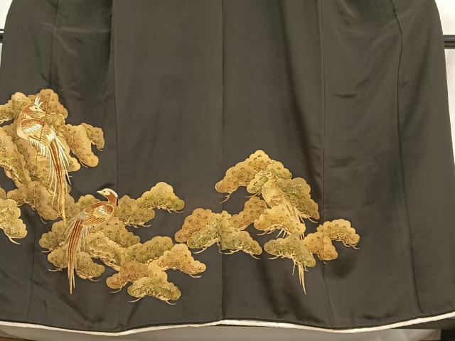 平和屋着物■豪華黒留袖　駒刺繍　鳳凰松文　金糸　金彩　正絹　逸品　AABG5128oa