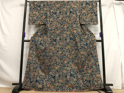 平和屋着物■上質な小紋 更紗花鳥文 金彩 鬼しぼ縮緬 ゑり正扱い 正絹 逸品 AABG5179oa