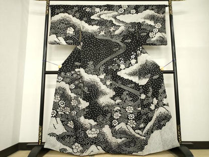 平和屋着物●訪問着　総絞り　流水花文　黒地　正絹　逸品　AABG5210ck