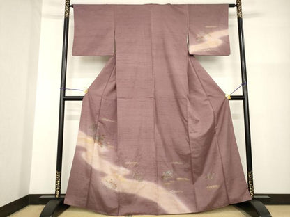 平和屋着物●訪問着　紬地　地紙花文　暈し染め　金銀彩　正絹　逸品　AABG5211ck