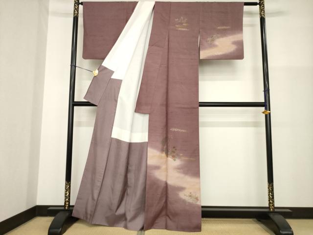 平和屋着物●訪問着　紬地　地紙花文　暈し染め　金銀彩　正絹　逸品　AABG5211ck