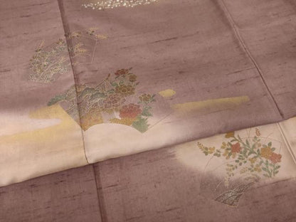 平和屋着物●訪問着　紬地　地紙花文　暈し染め　金銀彩　正絹　逸品　AABG5211ck