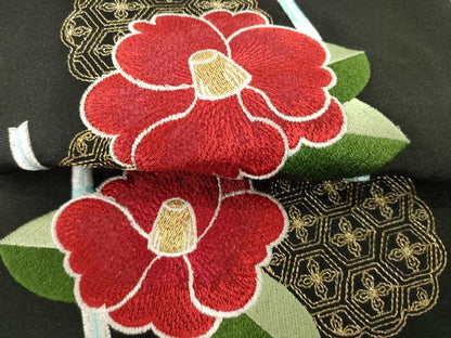 平和屋着物●女性　行灯袴　刺繍　椿　暈し染め　金糸　洗える着物　未使用　AABG5220ck