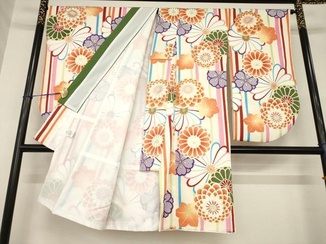 平和屋着物●小振袖　二尺袖　舞花　縞　金彩　洗える着物　AABG5229ck