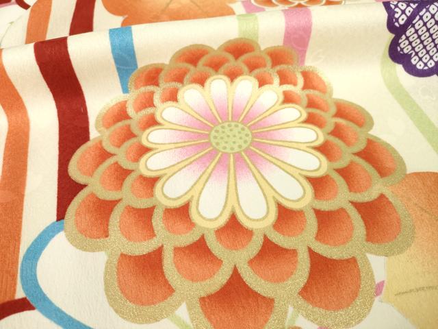 平和屋着物●小振袖　二尺袖　舞花　縞　金彩　洗える着物　AABG5229ck