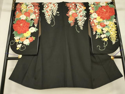 平和屋着物●美月　小振袖　二尺袖　草花文　黒地　洗える着物　AABG5244ck