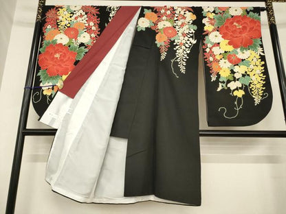 平和屋着物●美月　小振袖　二尺袖　草花文　黒地　洗える着物　AABG5244ck