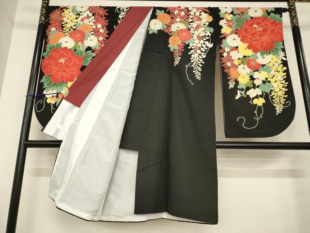 平和屋着物●美月　小振袖　二尺袖　草花文　黒地　洗える着物　AABG5244ck