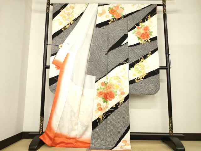 平和屋着物●豪華振袖　駒刺繍　絞り　花丸文　黒地　金彩　やまと誂製　正絹　逸品　AABG5248ck