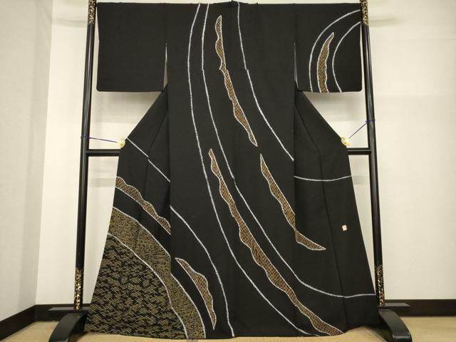 平和屋着物●訪問着　作家物　絞り　流水花文　黒地　金彩　正絹　逸品　AABG5251ck