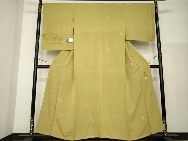平和屋着物●本加賀友禅作家　柿本市郎　色無地　花丸地紋　榛色　反端付き　正絹　逸品　AABG5264ck
