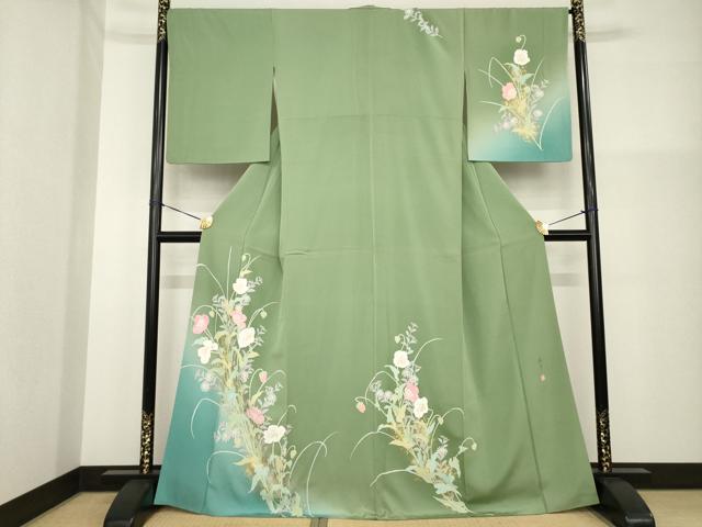 平和屋着物●訪問着　昨夏物　祐子　手描き　草花文　暈し染め　金彩　正絹　逸品　AABG5273ck