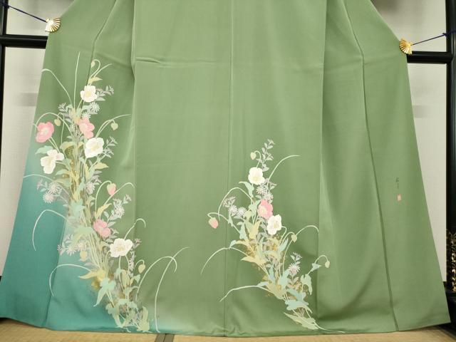 平和屋着物●訪問着　昨夏物　祐子　手描き　草花文　暈し染め　金彩　正絹　逸品　AABG5273ck