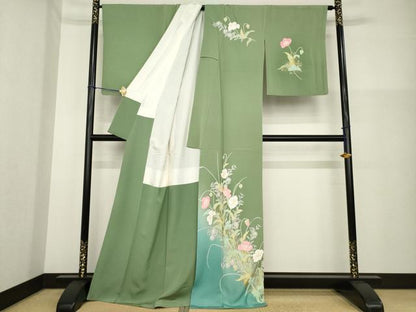 平和屋着物●訪問着　昨夏物　祐子　手描き　草花文　暈し染め　金彩　正絹　逸品　AABG5273ck