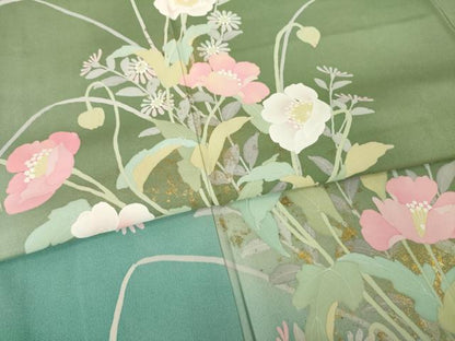 平和屋着物●訪問着　昨夏物　祐子　手描き　草花文　暈し染め　金彩　正絹　逸品　AABG5273ck