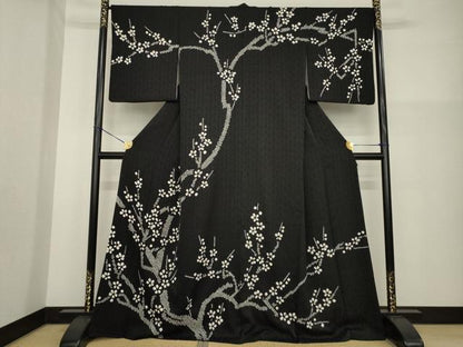 平和屋着物●訪問着　総絞り　枝花文　黒地　正絹　逸品　AABG5275ck