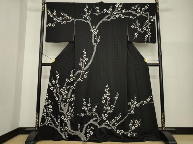 平和屋着物●訪問着　総絞り　枝花文　黒地　正絹　逸品　AABG5275ck