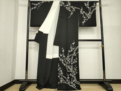 平和屋着物●訪問着　総絞り　枝花文　黒地　正絹　逸品　AABG5275ck