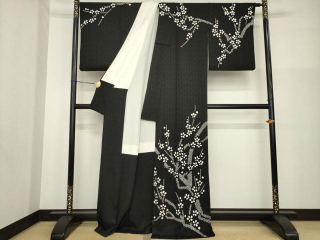 平和屋着物●訪問着　総絞り　枝花文　黒地　正絹　逸品　AABG5275ck