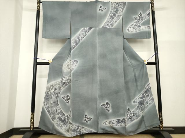 平和屋着物●絞り染色作家　藤井浩　訪問着　絞り　流水舞蝶文　正絹　逸品　AABG5276ck