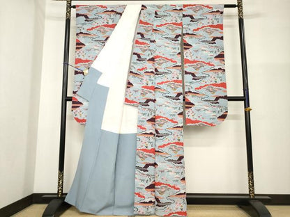 平和屋着物●豪華振袖　型染め　雲重ね飛鶴花文　鬼しぼ縮緬　正絹　逸品　AABG5280ck