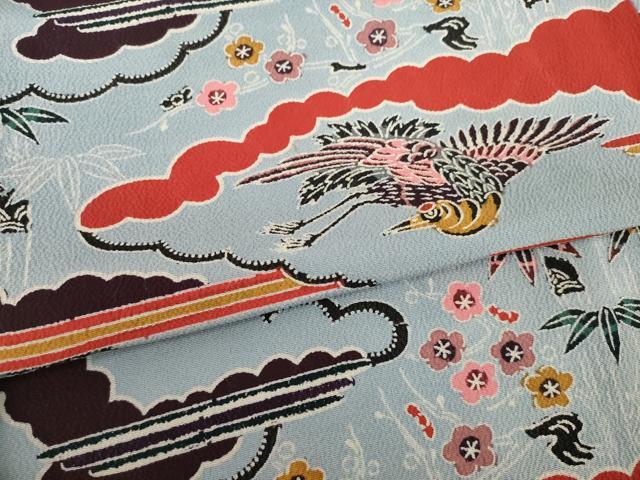 平和屋着物●豪華振袖　型染め　雲重ね飛鶴花文　鬼しぼ縮緬　正絹　逸品　AABG5280ck