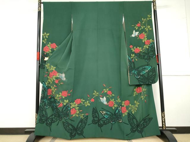 平和屋着物●豪華振袖　手描き　花蝶文　薔薇　バラ　金彩　正絹　逸品　AABG5281cs