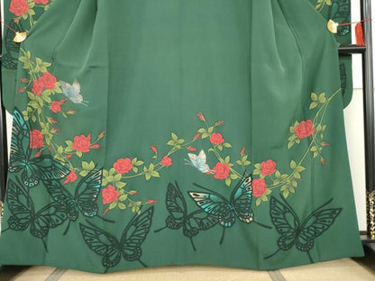 平和屋着物●豪華振袖　手描き　花蝶文　薔薇　バラ　金彩　正絹　逸品　AABG5281cs