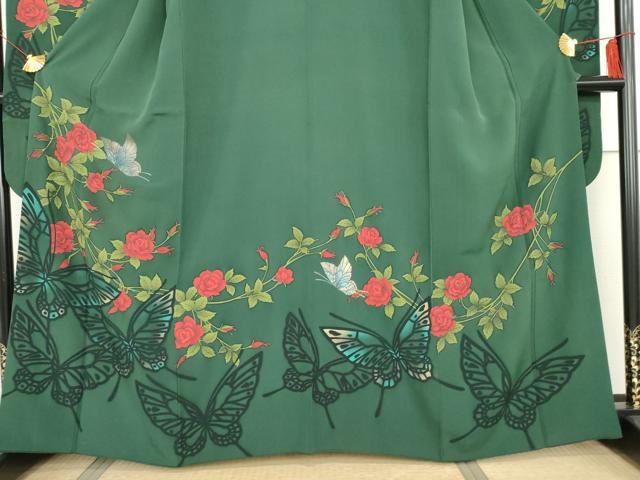 平和屋着物●豪華振袖　手描き　花蝶文　薔薇　バラ　金彩　正絹　逸品　AABG5281cs