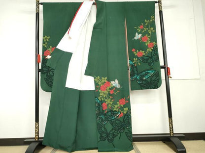 平和屋着物●豪華振袖　手描き　花蝶文　薔薇　バラ　金彩　正絹　逸品　AABG5281cs