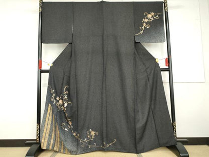 平和屋着物●訪問着　更紗花唐草文　暈し染め　黒地　金彩　金通し地　正絹　逸品　AABG5284cs