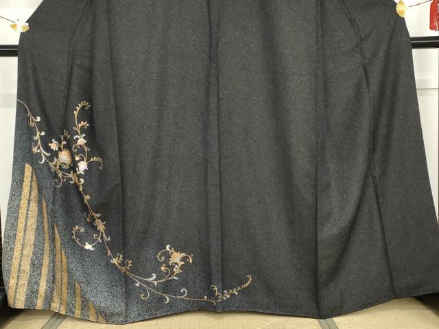 平和屋着物●訪問着　更紗花唐草文　暈し染め　黒地　金彩　金通し地　正絹　逸品　AABG5284cs
