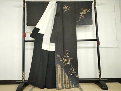 平和屋着物●訪問着　更紗花唐草文　暈し染め　黒地　金彩　金通し地　正絹　逸品　AABG5284cs