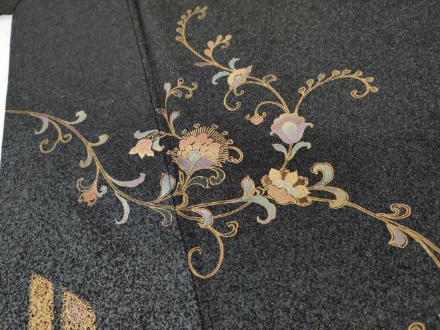 平和屋着物●訪問着　更紗花唐草文　暈し染め　黒地　金彩　金通し地　正絹　逸品　AABG5284cs