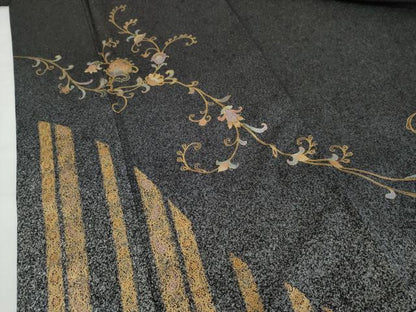 平和屋着物●訪問着　更紗花唐草文　暈し染め　黒地　金彩　金通し地　正絹　逸品　AABG5284cs