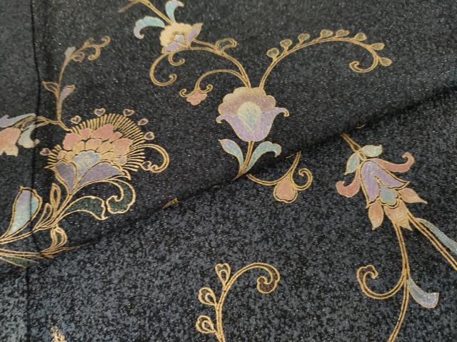 平和屋着物●訪問着　更紗花唐草文　暈し染め　黒地　金彩　金通し地　正絹　逸品　AABG5284cs