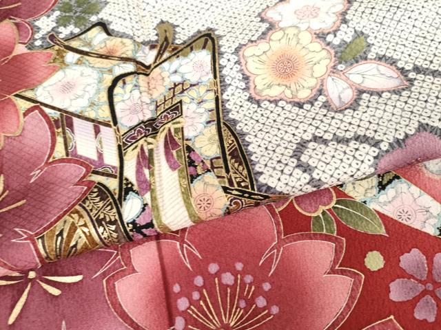 平和屋着物●豪華振袖　辻が花　鹿の子御所車花毬文　暈し染め　金彩　正絹　逸品　AABG5286cs