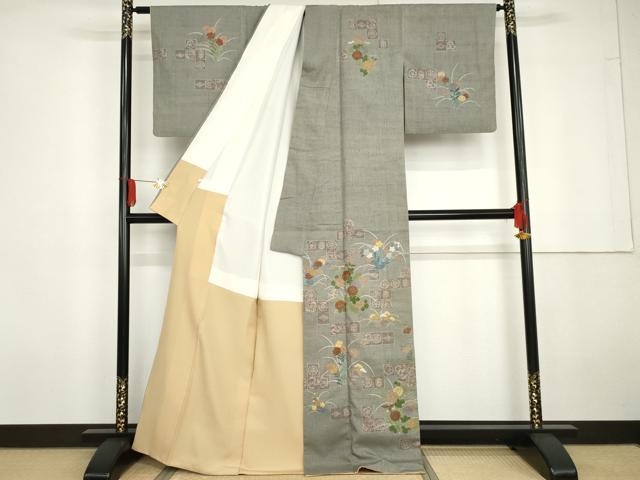 平和屋着物●訪問着　紬地　ろうけつ染　草花文　高島屋扱い　正絹　逸品　AABG5294cs