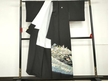 平和屋着物●豪華黒留袖　友禅　作家物　鴛鴦風景梅松文　暈し染め　正絹　逸品　AABG5295cs