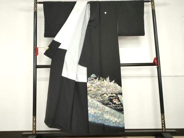 平和屋着物●豪華黒留袖　友禅　作家物　鴛鴦風景梅松文　暈し染め　正絹　逸品　AABG5295cs