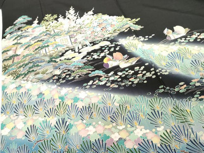 平和屋着物●豪華黒留袖　友禅　作家物　鴛鴦風景梅松文　暈し染め　正絹　逸品　AABG5295cs