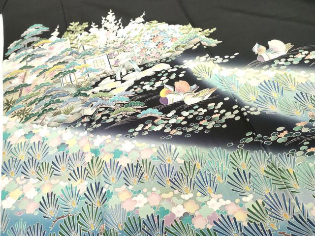平和屋着物●豪華黒留袖　友禅　作家物　鴛鴦風景梅松文　暈し染め　正絹　逸品　AABG5295cs