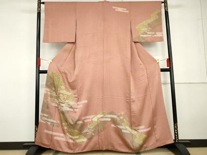 平和屋着物●訪問着　絞り　刺繍　風景草花文　金彩　正絹　逸品　AABG5304cs
