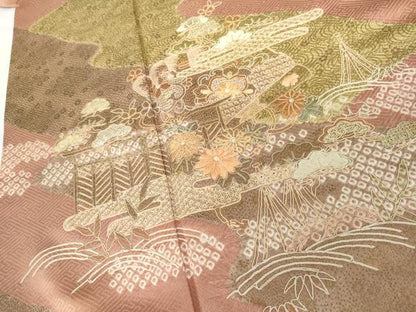 平和屋着物●訪問着　絞り　刺繍　風景草花文　金彩　正絹　逸品　AABG5304cs