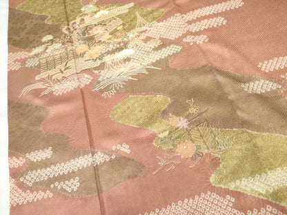 平和屋着物●訪問着　絞り　刺繍　風景草花文　金彩　正絹　逸品　AABG5304cs