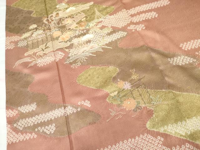 平和屋着物●訪問着　絞り　刺繍　風景草花文　金彩　正絹　逸品　AABG5304cs