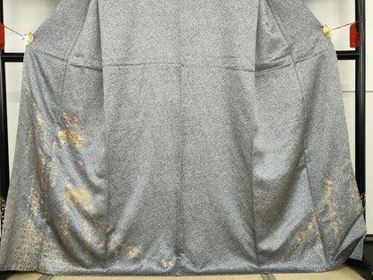 平和屋着物●訪問着　刺繍　地紙枝垂れ花文　たたき染め　黒地　金糸　金彩　正絹　逸品　AABG5306cs